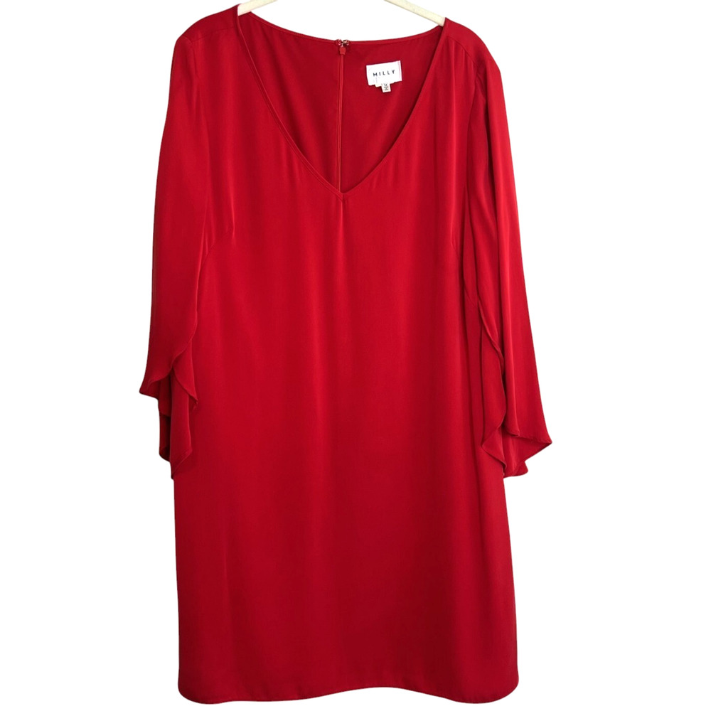 Milly Womens Silk Mini Dress Size 14 Red V-Neck Slit Butterfly Sleeves Spandex